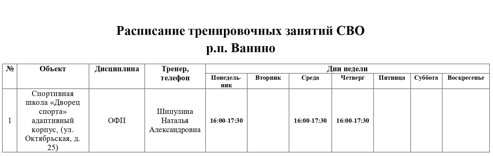 Расписание физкультурно-оздоровительных и спортивных групп для ветеранов СВО