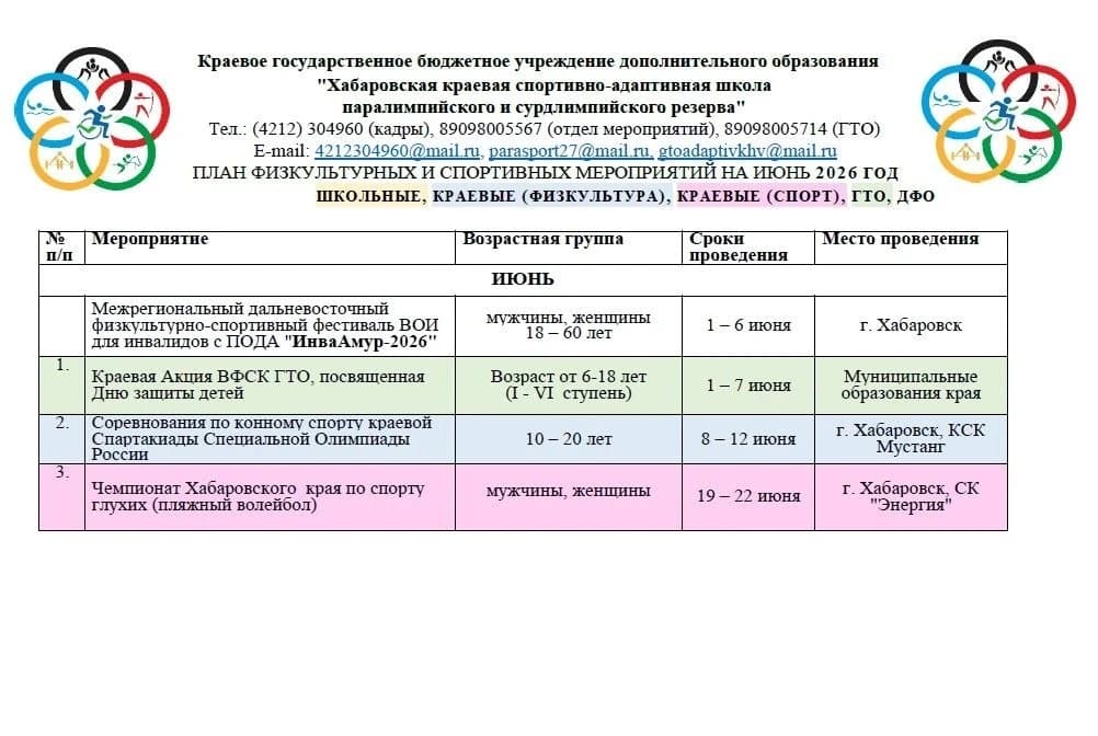 Июнь 2026: События адаптивного спорта в Хабаровском крае